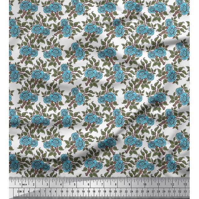 Soimoi Poly Georgette Fabric Leaves & Floral Block Printed Fabric 1 Yard 42 Inch Wide