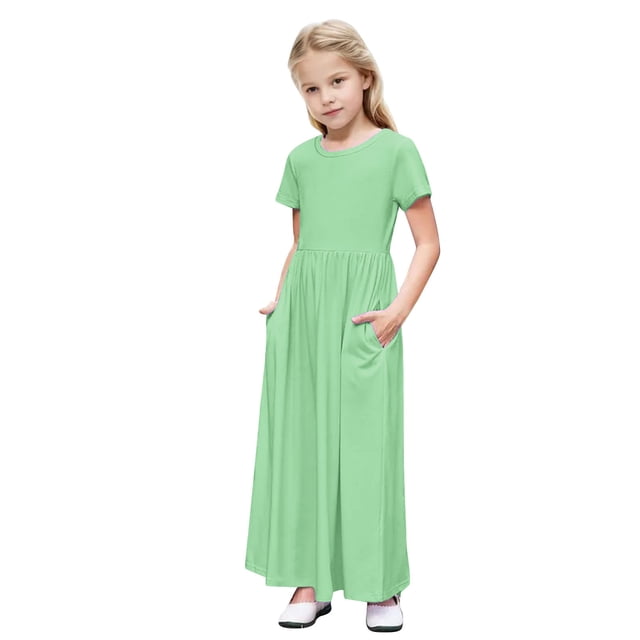 biudgviw Robe Maxi pour Filles à Manches Courtes, Col Ras du Cou, Couleur Unie, Robe Trapèze Décontractée, Robe d'Été Longue avec Poches