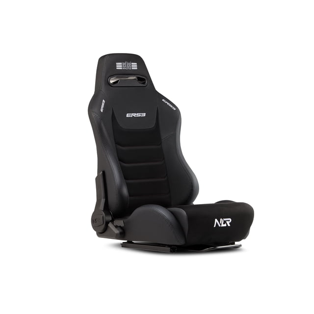 Next Level Racing ERS3 Elite Reclining Seat in PU leather and suede edition, black gaming chair with ergonomic lumbar support and double recliner mechanism, designed for prolonged sim racing sessions, angled view on white background