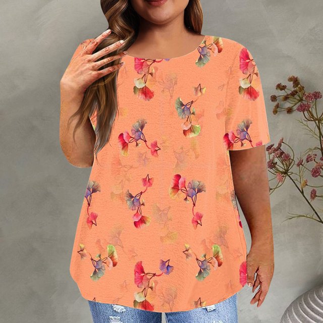 EGNMCR Hauts Grande Taille pour Femmes Été Décontracté à Imprimé Floral Manches Courtes Col Rond Hauts Amples T-Shirt Blouse