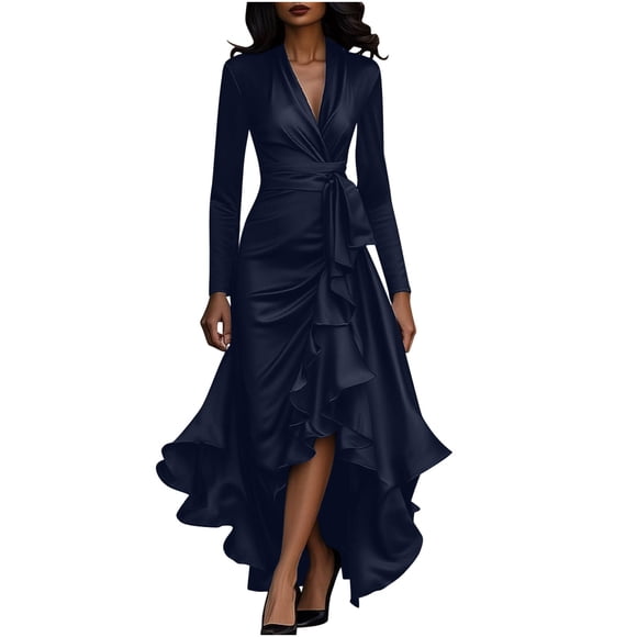 Women's Satin Wrap Maxi Dress Elegant V Neck Long Sleeve Ruffle Hem Formal Cocktail Wedding Guest Dress,Navy,L