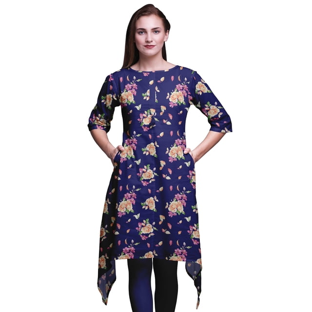 Bimba Kurta pour Femmes Bleu Ambre Flush et Clématite Florale Ethnique Imprimée Asymétrique Hauts d'Été pour Femmes XXX-Large