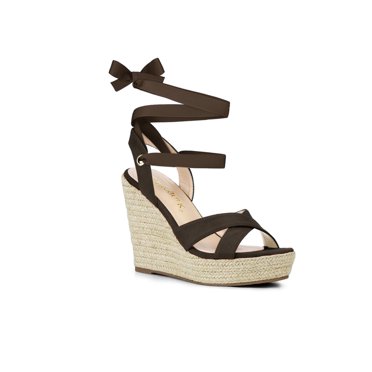 BLISSFUL STEP Sandales Compensées à Plateforme Espadrille à Lacets pour Femmes Café (Taille 7,5)