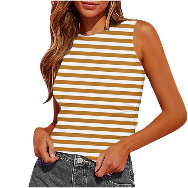 Plebaso Womens Slim Striped Tank Tops Sleeveless Crewneck Ruched Blouses Summer Casual Basic Tee Tops