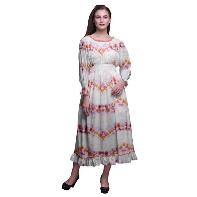 Bimba Robe Maxi Décontractée Longue à Taille Smockée Imprimée Teinture sur Nœuds pour Femmes - X-Grand