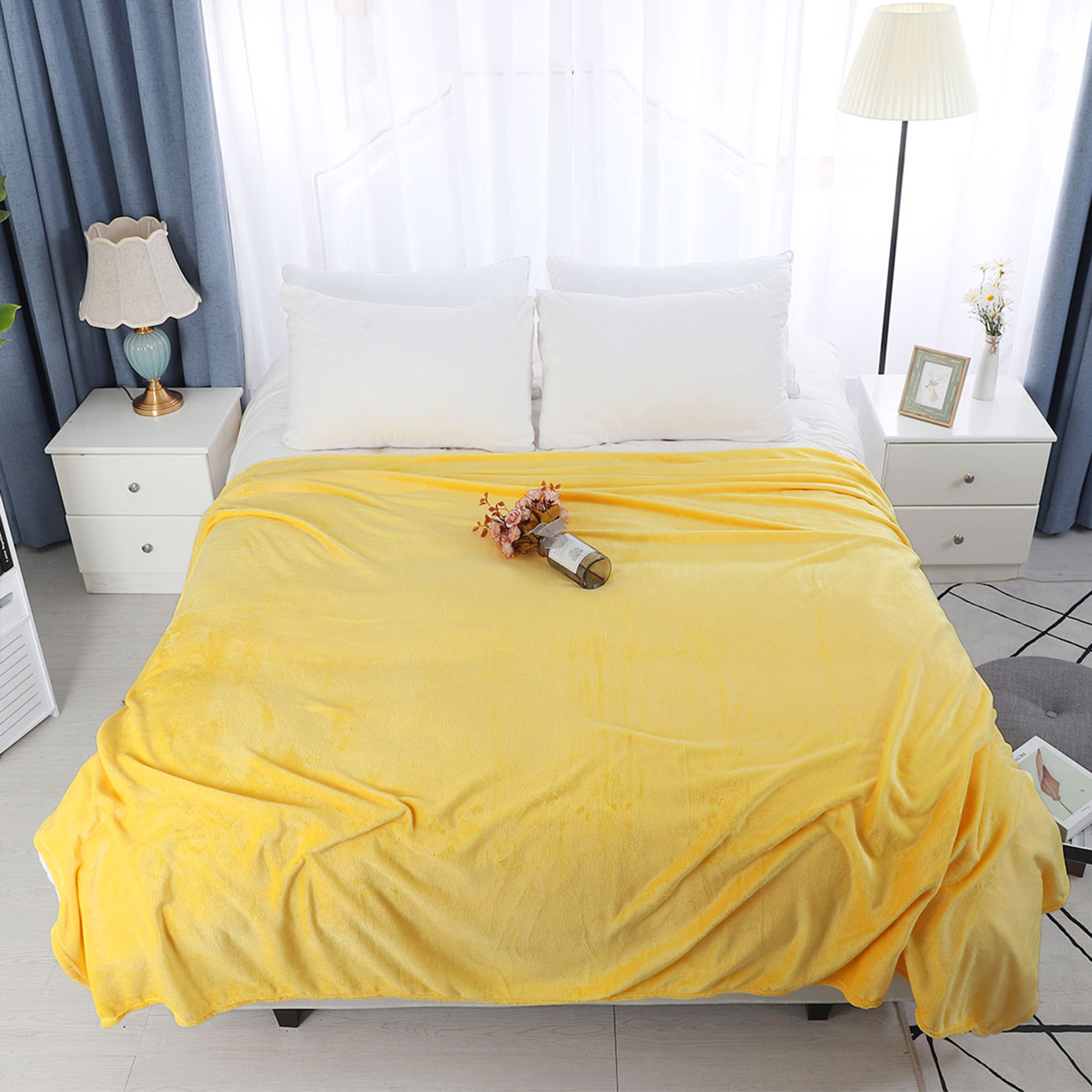 PiccoCasa 1 Pcs Home Warm Soft Microplush Fleece Solid Throw Blanket Yellow 78" x 90"