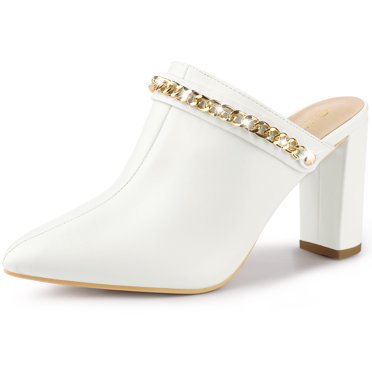 BLISSFUL STEP Women's Chain Slip on Block Heel Sandals Mules White (Size 6)