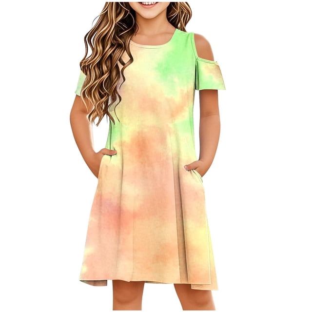 Économies de Printemps/été! HVOBTTY Robe Confortable à Manches Courtes pour Fille, Robe Quotidienne Sans Manches Extensible, Robe Trapèze Tournoyante, Patineuse, Récital d'École, Robe à Manches Courtes à Col Rond, Jaune, 12 Ans