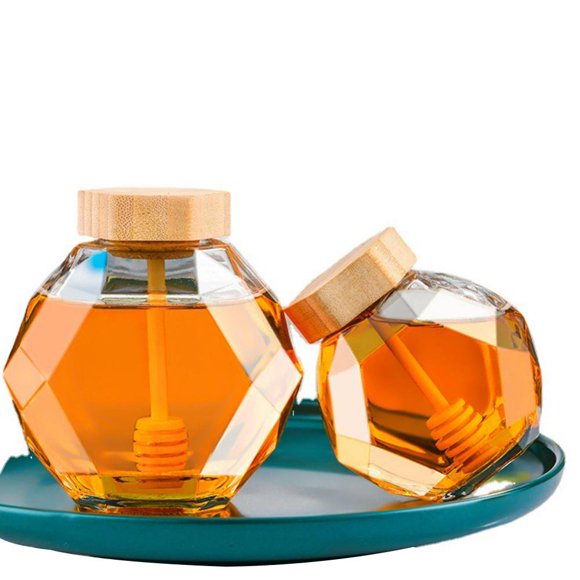 Hexagon Shape Honey Pot Jar with Dipper Heat-Resistant Glass Storage Container Honey Pot Glass Honey Jar with Dipper and Lid Cover for Home Kitchen