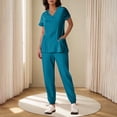 thumbnail image 2 of Yanlir Ensemble Deux Pièces pour Femmes, Blouse à Manches Courtes Boutonnée, Couleur Unie, Col en V et Pantalon à Bas Resserré, Mode (Bleu Ciel, 2TG), 2 of 6