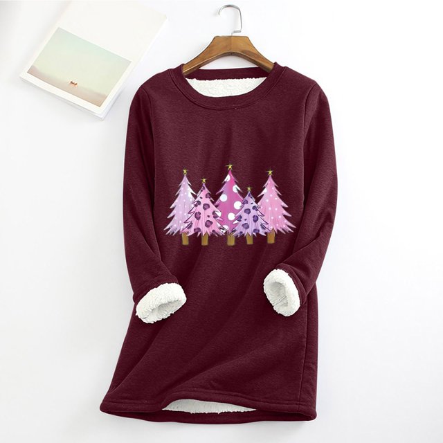 Meihcang Chandails en Molleton pour Femmes Grande Taille Graphique Arbre de Noël Col Rond Chandail d'Hiver Chaud Doublé Sherpa
