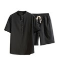 thumbnail image 1 of Two Piece Pants Sets Mens Two Piece Solid Cotton Linen Short Sleeve V Neck Tops and Shorts Set, 1 of 10