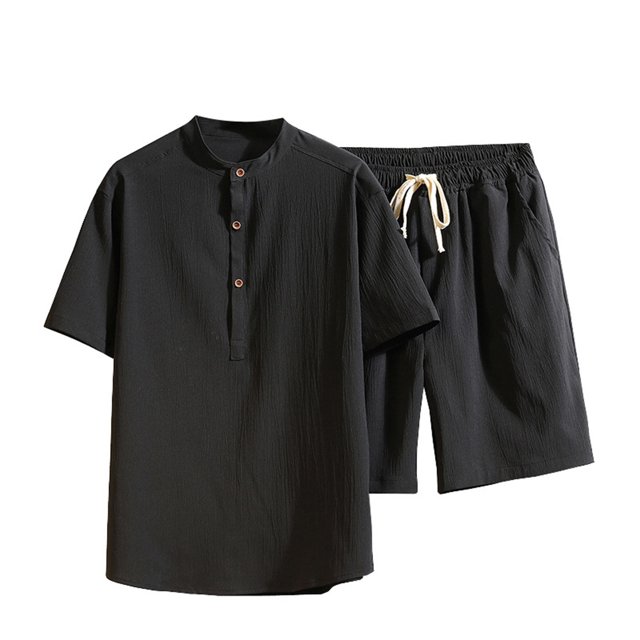 Two Piece Pants Sets Mens Two Piece Solid Cotton Linen Short Sleeve V Neck Tops and Shorts Set