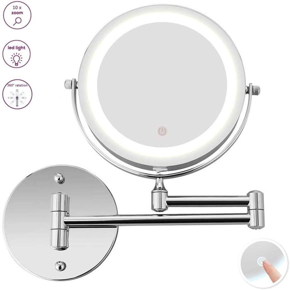 Professional Lighted Makeup Mirror, 10X 2-Sided Magnifying Vanity Mirror with LED Lights, Senior Pearl Nickel Cosmetic Mirror, 360 Rotation with USB Cable Operated