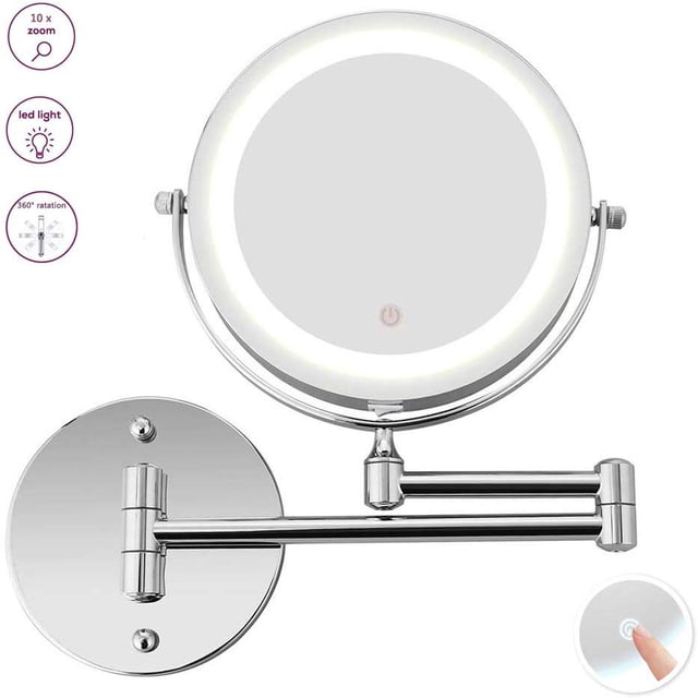 Professional Lighted Makeup Mirror, 10X 2-Sided Magnifying Vanity Mirror with LED Lights, Senior Pearl Nickel Cosmetic Mirror, 360 Rotation with USB Cable Operated