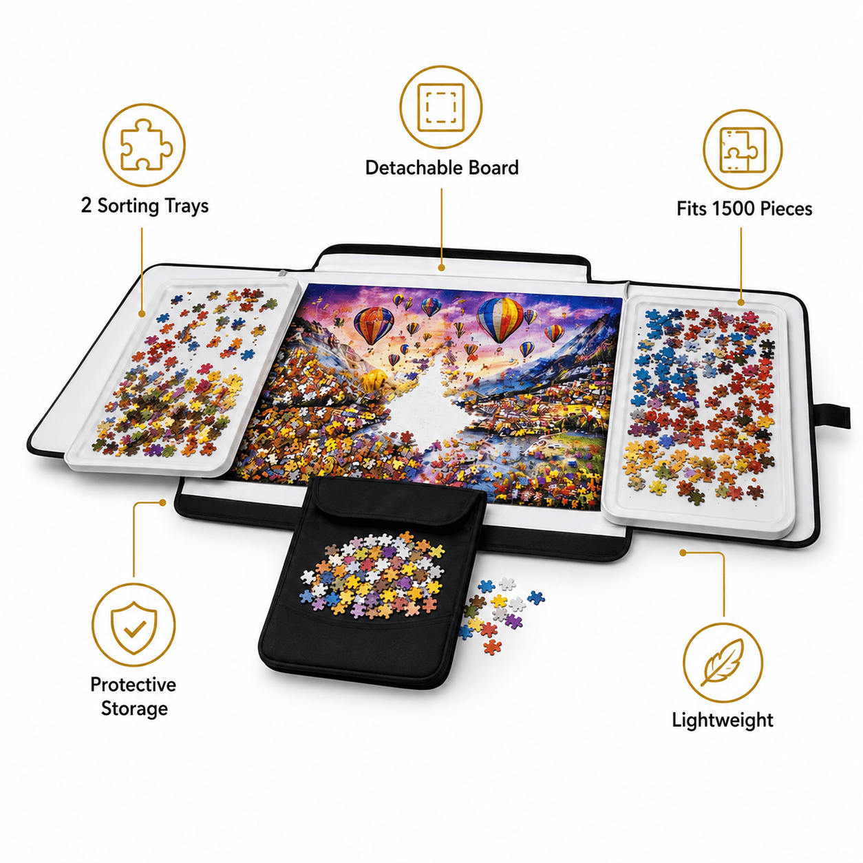 Boîte de Rangement Portable pour Puzzle Tradeopia Noire jusqu'à 1500 Pièces, avec Plateaux de Tri et Plateau Détachable