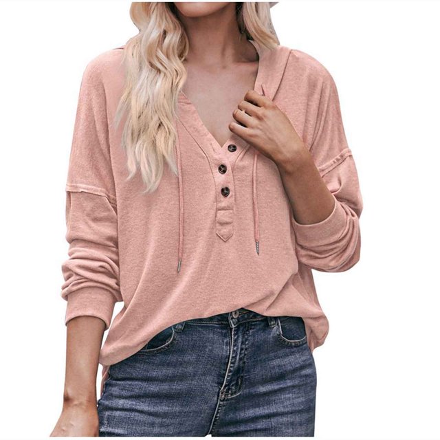 CEHVOM Chandail à Capuchon à Manches Longues pour Femmes, Mode, Uni, Col en V, à Boutons, Liquidation