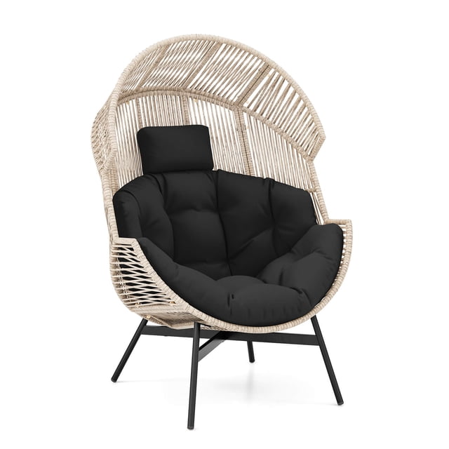 Costway Oversized Egg Style Chair with Cushions & Headrest featuring a light brown rattan weave and black cushions. This accent chair has a wrap-around ergonomic design, a heavy-duty X-shaped metal frame, and adjustable footpads for stability. Suitable for living room seating or outdoor use, it supports up to 400 lbs and measures 40 x 38 x 55 inches.