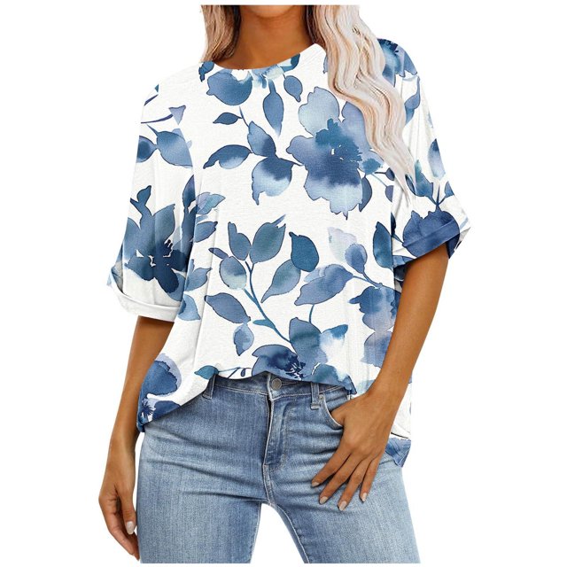 Pisexur Hauts d'Été pour Femmes Mode Décontractée Manches Courtes Col Rond T-Shirts Confortables Amples Surdimensionnés Imprimé Floral Blouses Hauts Mode T-Shirts Imprimés Graphiques Grande Taille Tops de Sortie S-5TG