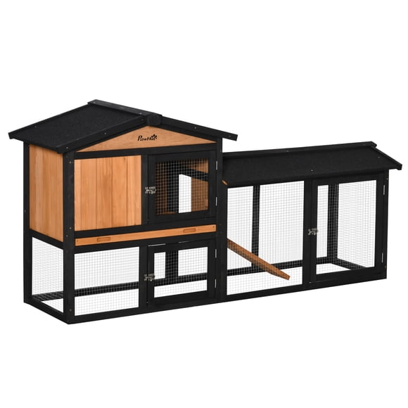 PawHut Wooden Rabbit Hutch Bunny House with Run, Slide-out Tray, Black, 69"