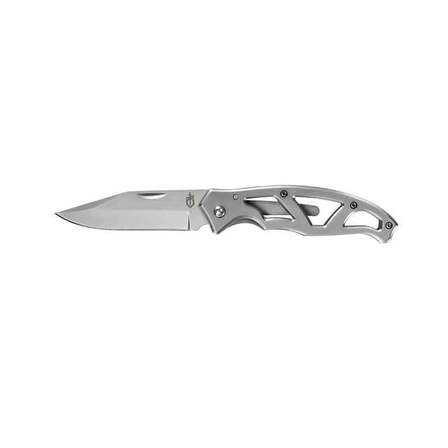 Gerber Paraframe I folding knife with a 5.6 cm plain edge stainless steel blade and lightweight open-frame stainless steel handle featuring ergonomic venting and a pocket clip, suitable for everyday outdoor and camping use.