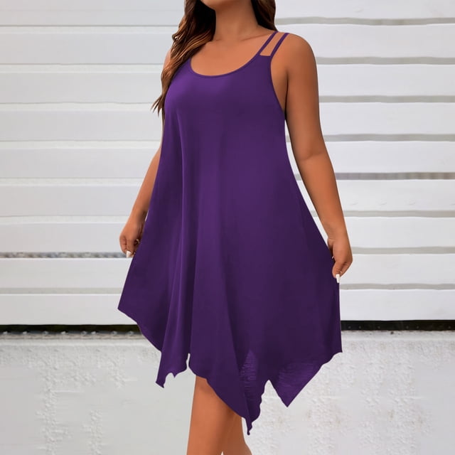 Ounisa Robe Camisole Midi Fluide Sans Manches à Encolure Dégagée et Ourlet Asymétrique pour Femme Grande Taille