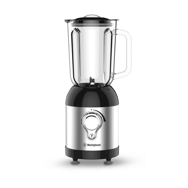 Westinghouse Modern Touch Table Blender with Stainless Steel Design featuring a 1.5L clear glass jar with handle and black lid on a stainless steel base with black accents, a central dial for variable speed and pulse control, and anti-slip feet, suitable for blending smoothies, soups, sauces, dips, and marinades.