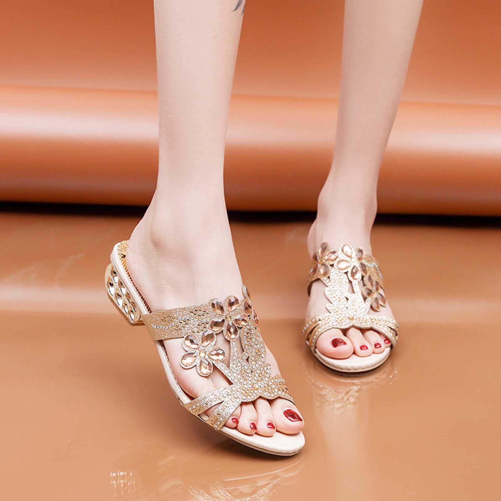 Cameland Women's Summer New Rhinestone Color Diamond One Line Thick Sole Fashion Wedge Sandals