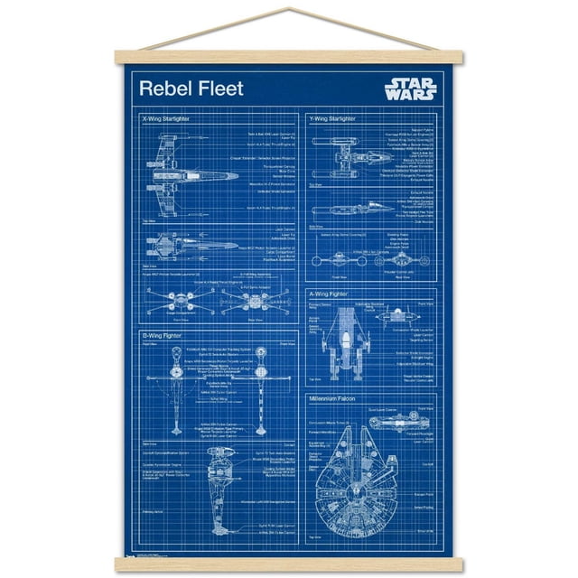 Star Wars : Saga - Affiche Murale de Plan Rebelle, 22,375 Pouces x 34 Pouces Affiche des Plans Techniques Blancs de Vaisseaux de la Flotte Rebelle Incluant des Chasseur X-Wing, Y-Wing, A-Wing, B-Wing et Millennium Falcon sur un Fond à Grille Bleue avec Plusieurs Vues Étiquetées et des annotations Détaillées sur les Composants, Convient à l'Art Mural et à la Déco Intérieure.