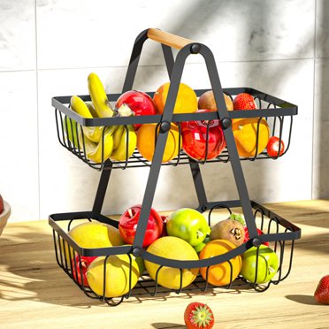Wzzjkit 2 Tier Fruit Basket with Wooden Handle, Countertop Fruit Vegetable Basket Bowl for Kitchen Counter Metal Wire Fruit Storage Stand Holder Organizer for Bread Snack Veggies Produce