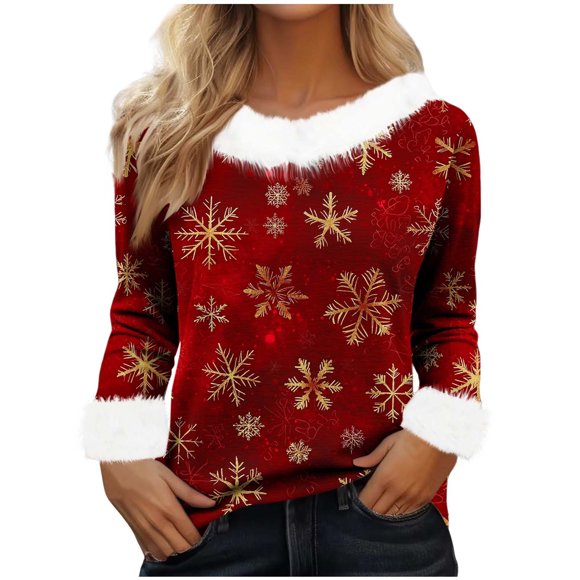 Lovzfmll Cozy Christmas Print Fuzzy Crew Neck Top for Women, Fall/Winter Long Sleeve Red, L