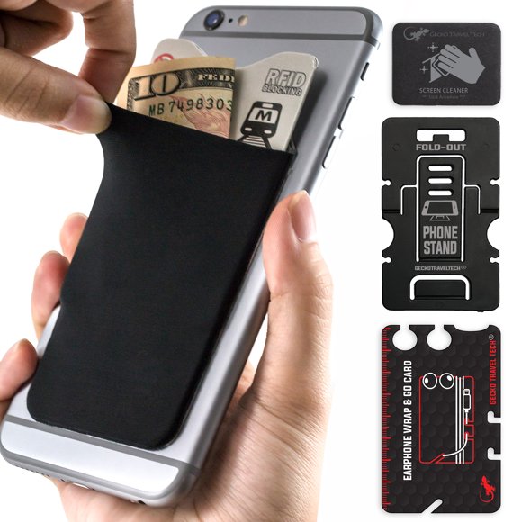 Gecko Travel Tech Portefeuille pour Téléphone - Porte-Cartes Autocollant pour Téléphones Cellulaires - Poche pour Carte Adhésive - Noir Vierge