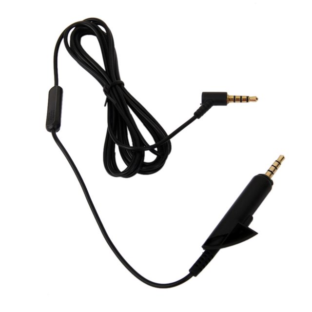 BELOVING 3.5mm Extension Audio Stereo Headphone Cable Cord for QC2 QC15 with Mic. Black audio extension cable featuring a 3.5mm plug, L-shaped connector, and inline microphone. Compatible with Bose QC2 and QC15 headphones, as well as iPhone models 4 through 6s Plus. Not compatible with Android devices. Includes one extension audio cable.