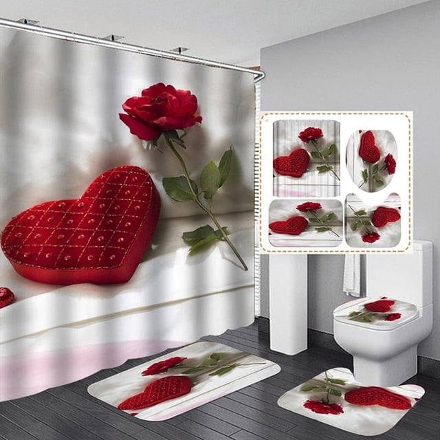Valentine‘s Day 3D Digital Printing Shower Curtain 4-piece Set For Home / Hotel / Party Decoration