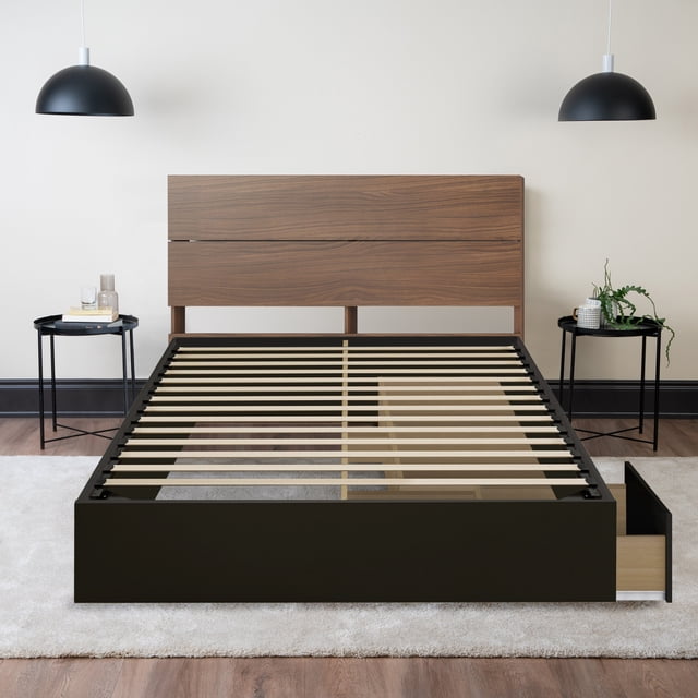 Storage Wood Bed with Headboard (Walnut and Black) - Queen