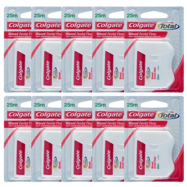 Colgate Total Dental Floss (Pack Of 10), containing ten packs of waxed dental floss, each with 25 meters of floss. The packaging highlights the Colgate logo and Total branding in a red and white design. Suitable for oral care, effectively removing plaque and promoting mouth health.