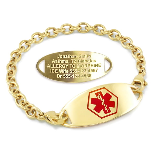 MedicEngraved Yellow Gold Stainless Steel Custom Medical Alert Bracelet - 5mm Oval Link