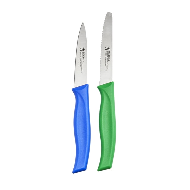HENCKELS Kitchen Elements 2 Piece Knife Set with mixed colours featuring a 3.5-inch blue paring knife and a 4-inch green serrated utility knife, both with satin-finished stainless steel blades and ergonomic polypropylene handles, suitable for detailed prep and cutting soft-skinned foods.