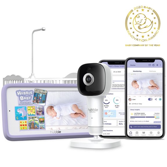Interphone SkyVision AI Pro Hubble Connected, Interphone HD propulsé par l’IA comprenant une caméra à installer sur le lit de bébé et un écran tactile de 12,7 cm (5 po) - Blanc