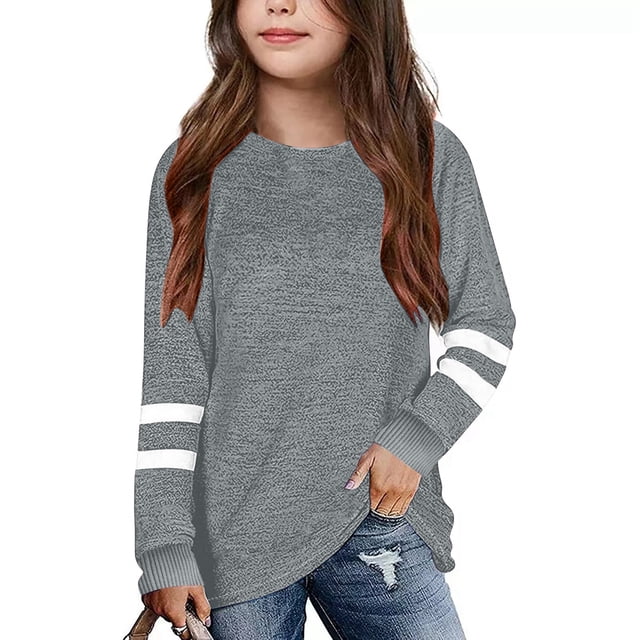Chandails pour Filles Gris Chandail à Manches Longues pour Filles T-Shirts à Col Rond pour Filles Hauts d'Automne T-Shirts Coton Chandail pour Enfants Filles 3-4 Ans Chandails