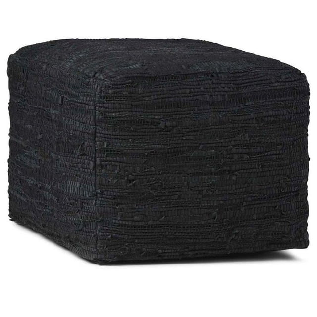 Simpli Home Pouf Carré Boho Fredrik en Cuir Véritable Tressé Noir