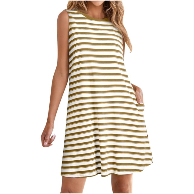 yoeyez Robes d'Été pour Femmes 2025 Grande Taille Décontractées à Rayures Débardeur Mini Robe d'Été Col Rond Coupe Ample Sans Manches Robe de Vacances Plage avec Poches Jaune,P