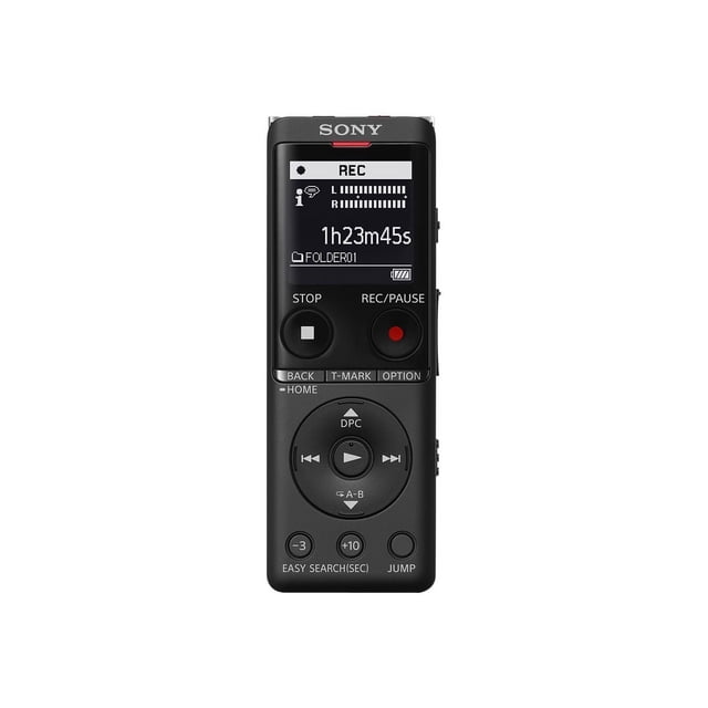 Sony ICD-UX570 voice recorder in black, featuring a compact design with a large OLED display and intuitive button layout. The device includes a REC/PAUSE button, playback controls, and a bright LED indicator for recording status. It offers 4 GB of internal storage, Auto Voice Recording, Auto Music Recording, and an S-Microphone for capturing clear audio, even from distant or quiet sources. The recorder also supports USB direct connection for quick file transfers and includes a carrying case.