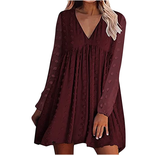Robes d'Automne pour Femmes, Col en V Doux, Pois Suisses, Manches Longues, Robe Babydoll, Unie, Décontractée, Coupe Ample, Mini-Robe Évasée