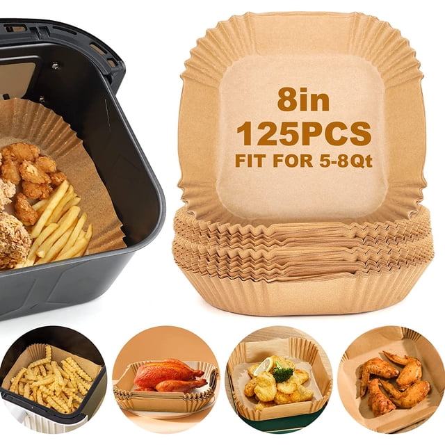 HSHDLDF Air Doublures pour Friteuse à Chaud Jetables Rondes de 8 Pouces, Comprenant une Pile de 125 Doublures en Papier Parchemin Étiquetées comme Adaptées aux Friteuses à Air de 5 à 8 Pintes. les Doublures Sont Illustrées pour une Utilisation avec des Aliments comme des Frites, des Ailes de Poulet et des Articles Cuits à l'Intérieur d'Un Panier de Friteuse à Air Chaud. Faites de Papier Parchemin de Qualité Alimentaire avec de l'Huile de silicone Double Face, Ces Doublures Sont Imperméables, Antiadhésives et Résistantes à la Chaleur jusqu'à 428 °