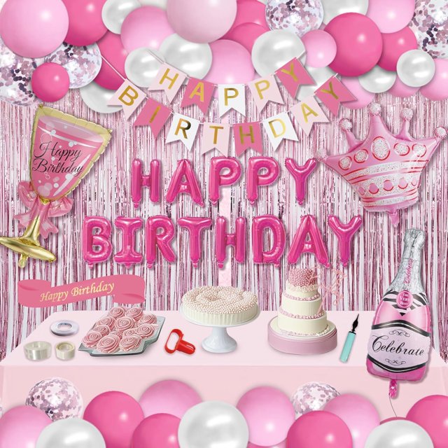 Spot de Fête! 103 Pcs Décorations de Fête d'Anniversaire Roses, Arche de Ballons, Nappe, Bannière, Rideau à Franges, Dessus de Gâteau, Ruban, Pompe à Ballons, Décoration d'Anniversaire pour Femme Fille