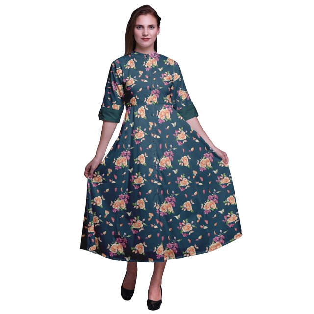 Bimba Robe Chemise Mi-Mollet à Manches Retroussables Imprimée Florale pour Femmes - Très Petit