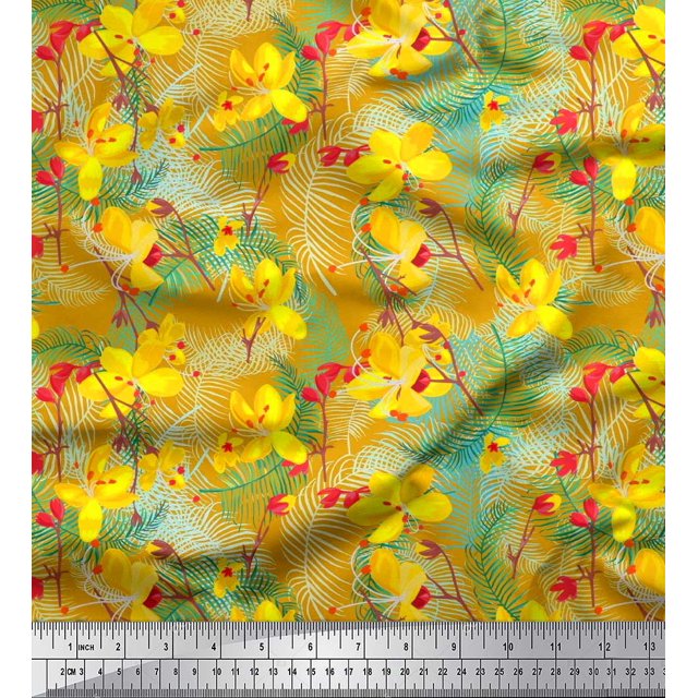 Soimoi Poly Georgette Fabric Leaves & Floral Artistic Printed Fabric 1 Yard 42 Inch Wide