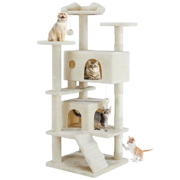 edx Arbre à Chat Tour 54 Pouces, Meuble Intérieur pour Animal à Plusieurs Niveaux avec Poteau à Griffer, Grand Condo, Rampe d'Escalade pour Chaton, Beige