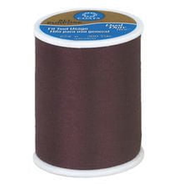 Coats & Clark™ All Purpose 100% Polyester Thread, 300 Yards spool in dark brown, medium-weight core-spun polyester thread for durable seams on woven or knit fabrics, suitable for machine or hand sewing, shown in a centered front view with white spool base and blue label top.